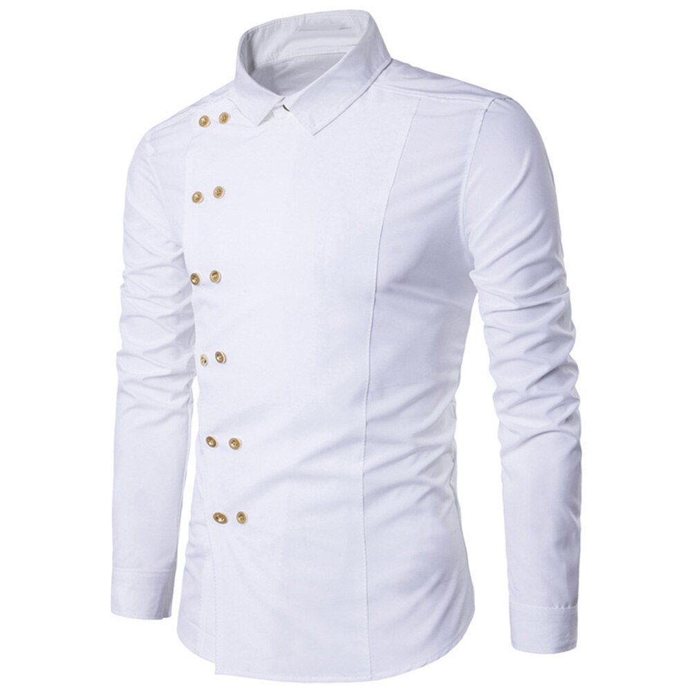 Mannen Shirt Lange Mouw Turn Down Kraag Diagonaal Dubbele-Breasted Knop Katoenen Shirt Shirt Heren Shirts Big Size 2XL: WHITE / XL