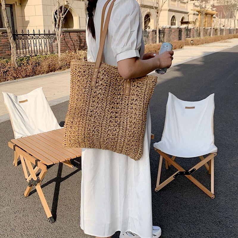 Square Hollow Straw Beach Bag Handmade Woven Shoulder Bag Raffia Rattan Shopping Travel Bag Bohemian Summer Vacation Casual Tote