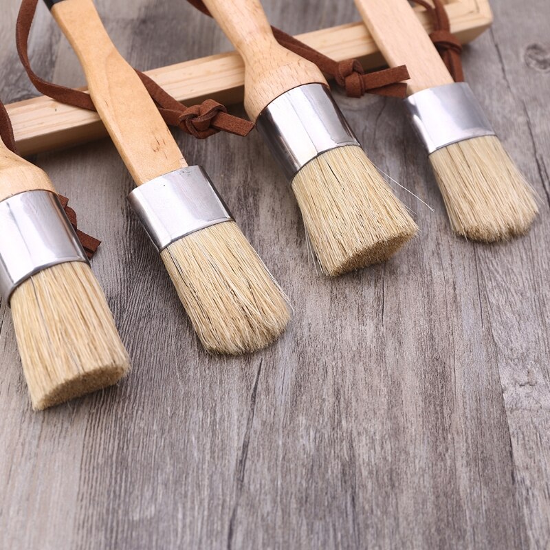 2 Stuks Ronde En Platte Krijt Verf Wax Borstel Ergonomische Houten Handvat Natuurlijke Haren Borstels Meubels Diy Schilderen Waxen Tool
