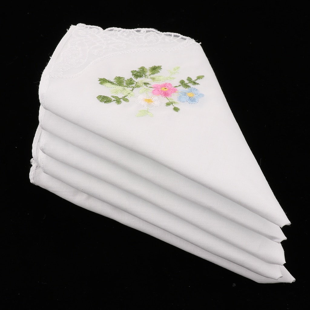 5 pakke kvinder damer bomuld lommetørklæder blomster broderet med blonder sommerfugl kant