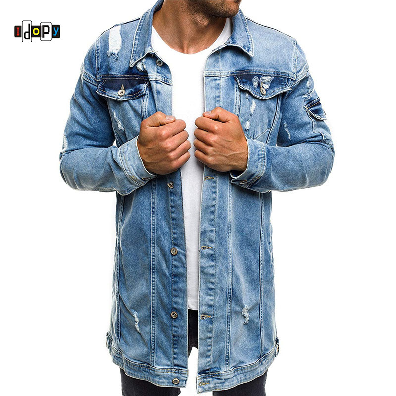 Idopy herre denim jakke bomber jakke long street vintage biker slim fit nødlidende hul rippet cowboy mandlige jean jakke og frakke