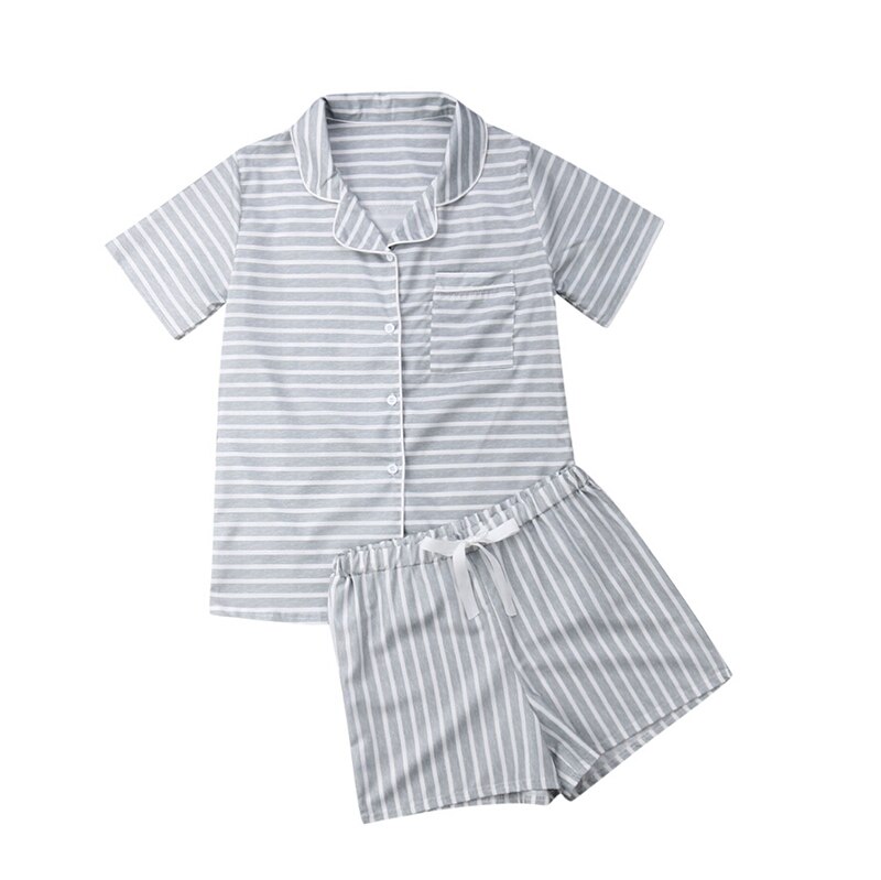 Afslappet kvinder løse pyjamas sæt prik print sommer korte ærmer skjorter+bukser nattøj nattøj kvinde pyjamas hjemmetøj robe: Grå / S