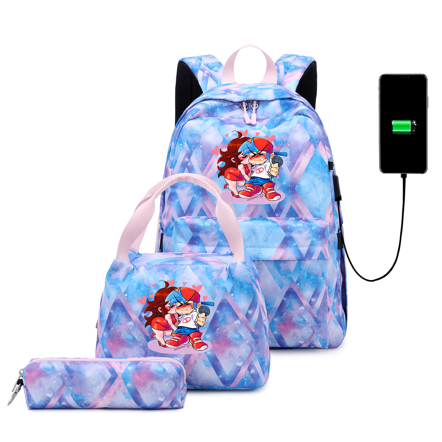 Funkin-mochilas escolares para adolescentes, niños y niñas, juego de Mochila de viaje con carga USB, bolsa de libros para estudiantes, Juego de 3 unids/set: 004