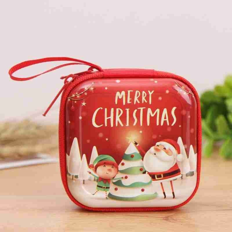 1pc Cartoon Tinplate Xmas Candy Bag Square Round Christmas Candy Bag Purse Year Navidad Tinplate Square Xmas Candy Bag