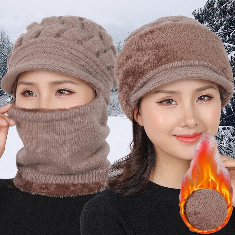 Damer vinter varm uld hat med tyk hagesmækmaske og høreværn hat kvindelig varm strikket uld hætte støvtætte cykel hatte