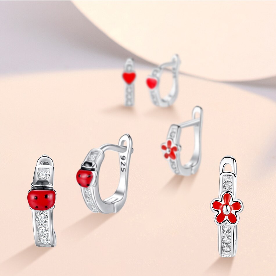 BELAWANG Cute 925 Sterling Silver Animal Ladybug Earrings For Child Red Enamel Small Ladybird Stud Earrings Jewelry