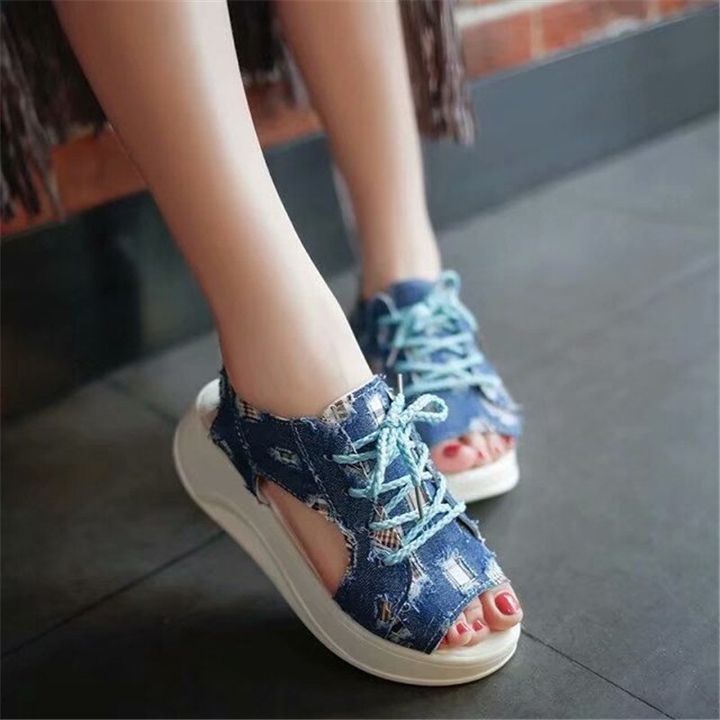 Strand sandaler kvinder denim hul platform sandaler flade afslappede studerende lærred sandaler til damer sandalier a -78