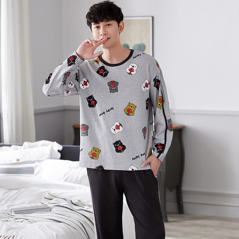 XIZOU-Pijama de talla grande 3XL para hombre, ropa de casa, Otoño, algodón, pantalones, ropa de dormir, manga larga