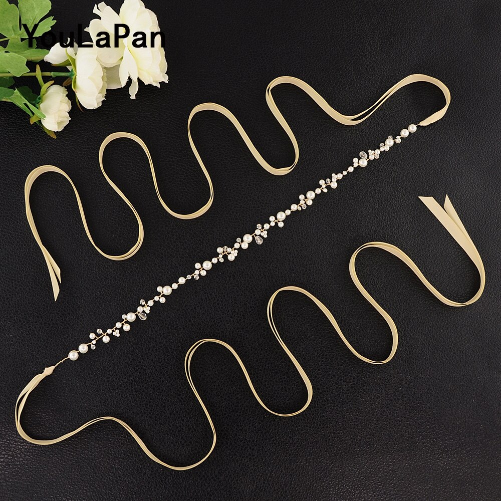 YouLaPan SH03-G Jeweled Bridal Belt Trim Crystal Wedding Ivory Sash Belt Ribbon Sash Belt Thin Bridal Crystal Belt for Bride