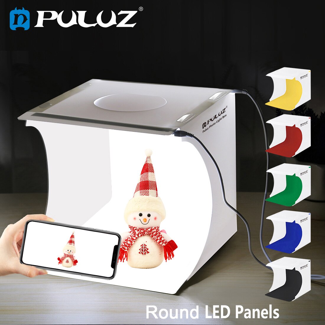 PULUZ Light Box Photo Studio Box Round LED Photos Lightbox Photography Softbox Small Items Shooting Box Kits 6 Colors Backdrops