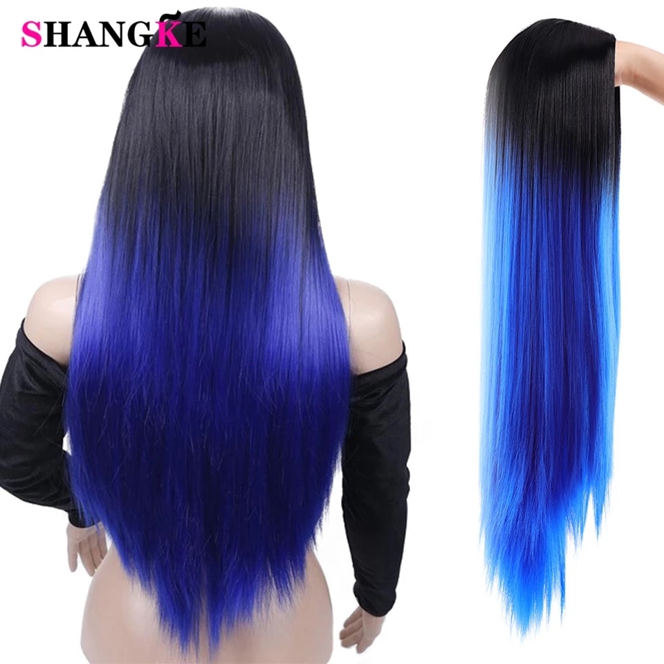 Largo SHANGKE-Peluca de pelo sintético liso para mujer, peluca de pelo liso Natural mezclado, Color de raíz oscura, degradado Natural, estilo africano y americano