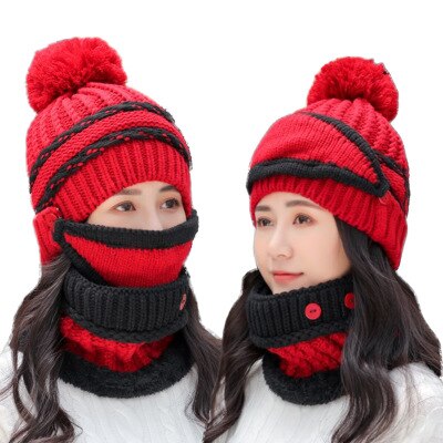 Bingyuanhaoxuan 3 in 1 varm tyk strikket beanie hat tørklæde og maske sæt slouchy sne strik cap uendelig tørklæde til kvinder: Rød