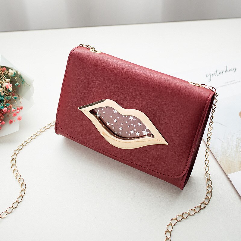 Mode Grote Lippen Schoudertas voor Vrouwen Glanzende Sterren Lederen Portemonnee Vrouwelijke Crossbody Messenger Keten Tassen Dames: wine red