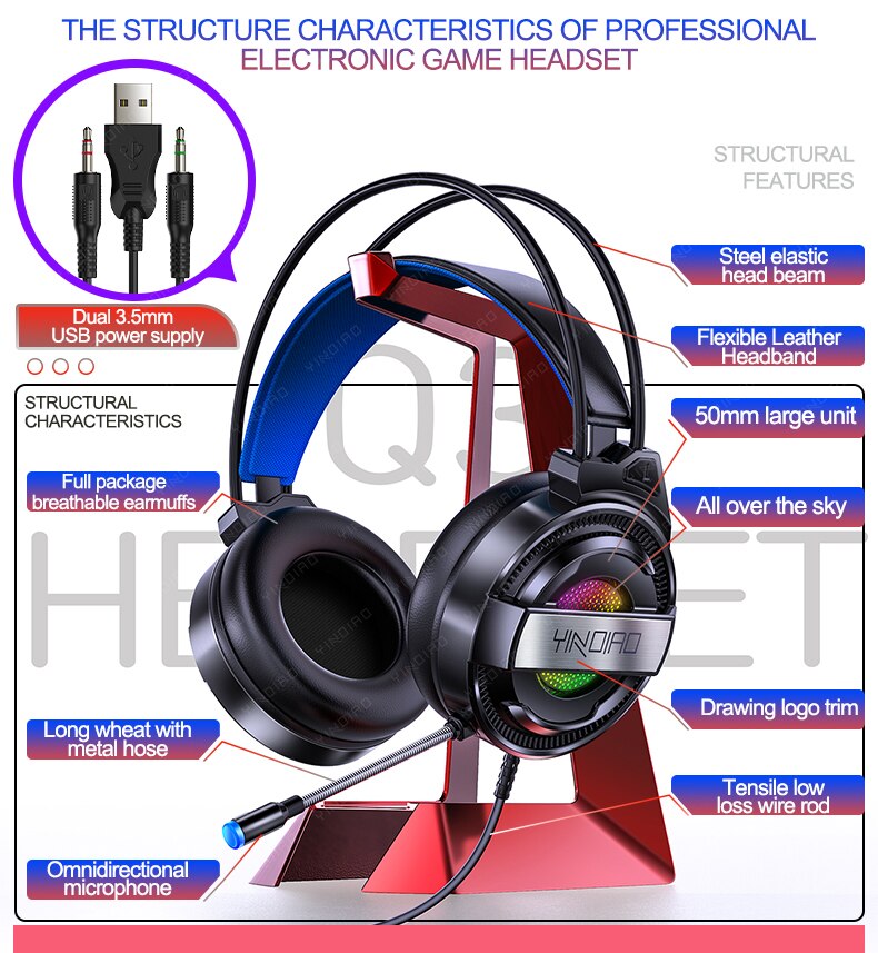 Wireless&Wired Bluetooth headphone with microphone Gaming headset Surround Sound Stereo with USB Light headphone for pc gamer