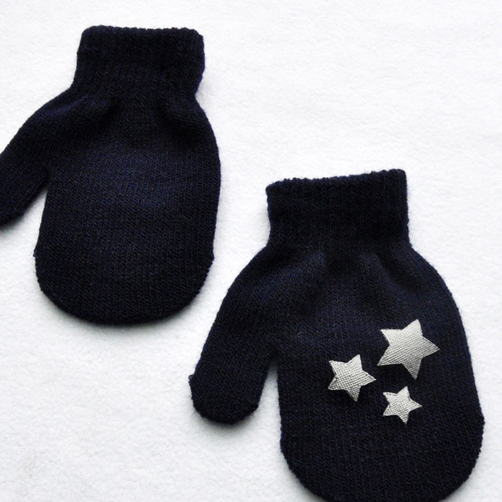 Los niños Punto Corazón estrella patrón mitones suave, de punto cálido guantes niños dedo completa guantes de invierno: navy blue star