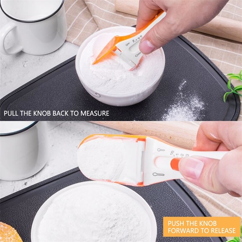 QueenTime Adjustable Measuring Spoon Salt Sugar Spoon With Scales Plastic Teaspoon For Cooking Kitchen Gadgets Portable Scoop