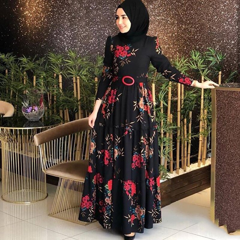 Oriente médio muçulmano ramadan feminino impresso fino respirável vestido arábia saudita árabe vestido islâmico omã étnica saia longa