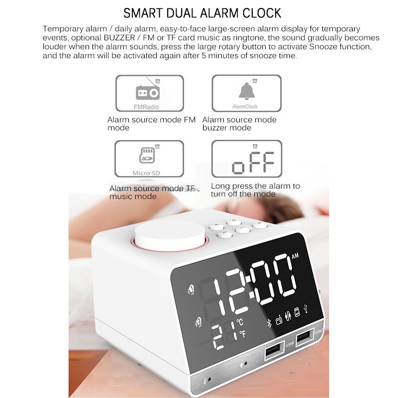 Radio Alarm Clock Speaker K11 Bluetooth 4.2 With 2 USB Ports LED Digital Alarm Clock Home Decoration Snooze Table Clock