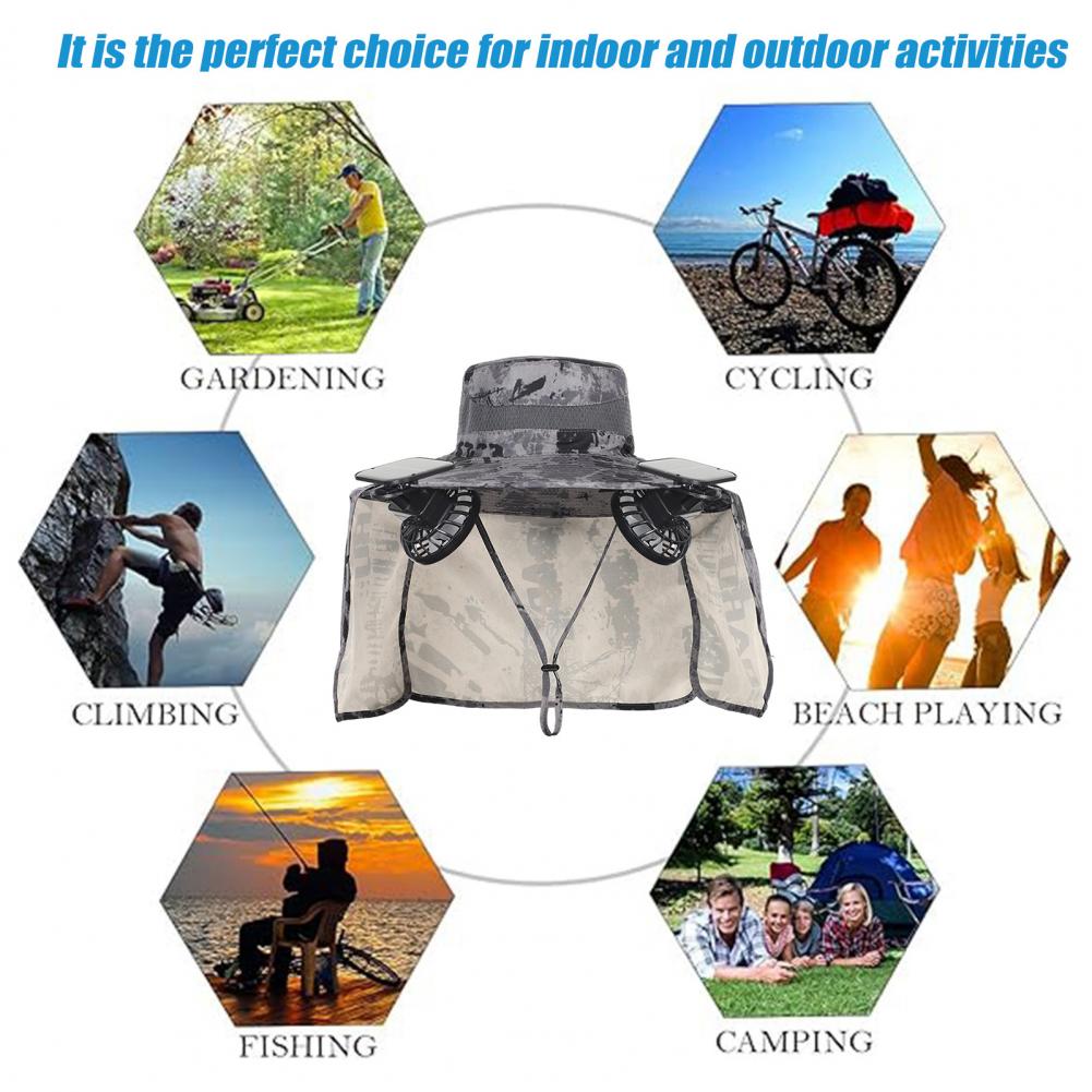 Solarbetriebener Lüfterhut, atmungsaktiver Solar--Lüfterhut mit UPF 50, UV-Schutz, 2 Solarventilatoren für Männer, Eimerkappe mit breiter Krempe für Höhle Außenbereich