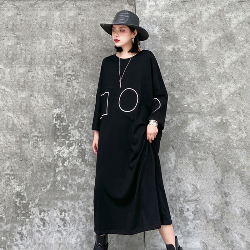 [EAM] vestido largo negro estampado de patrón de talla grande cuello redondo manga larga ajuste suelto Primavera otoño 1Z424