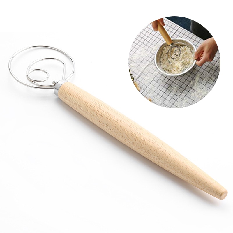Oak Handle Flour Dough Mixer Stainless Steel Egg Beater Flour Coil Mixer Danish Whisk Stick DIY Bread Dough Baking Utensils