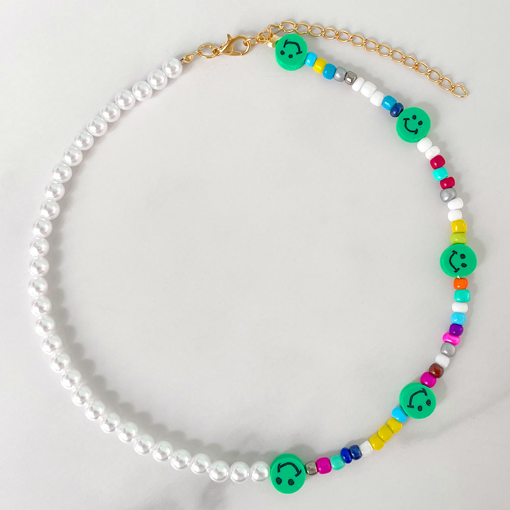 Boho Evil Eye Smile Pearl Beaded Necklace For Women Imitation Pearl Christmas Y2K Happy Face Choker Collar Party Jewelry: 075802GN