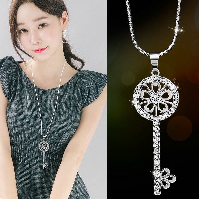 Luxury Long Chain Necklaces & Pendants for Women Waterdrop Gray Crystal Necklace Female Collier Femme Party Jewelry: S13-Flower Key