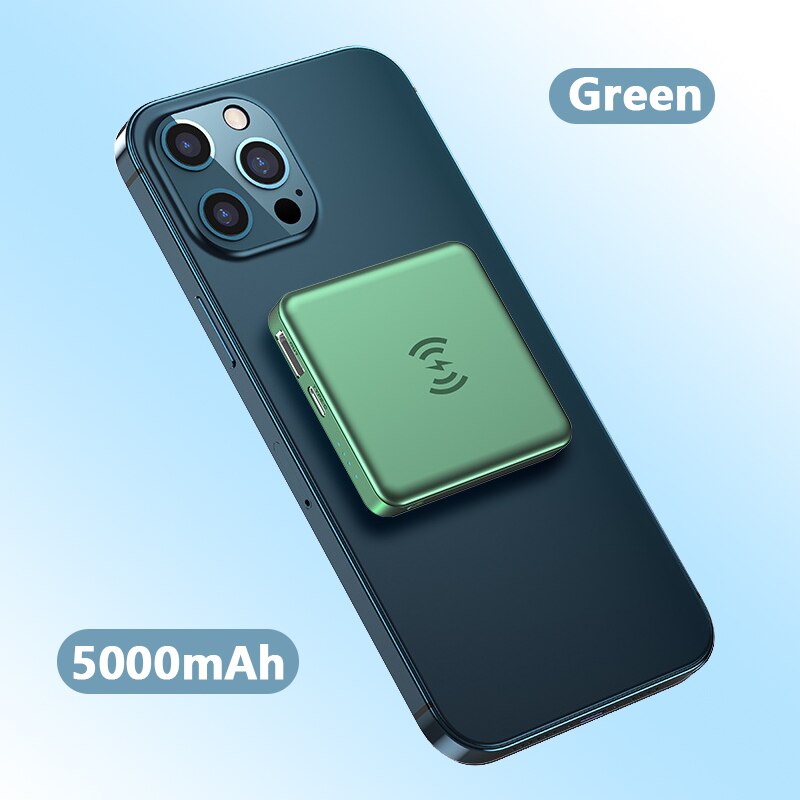 Magnetic Wireless Power Bank For Magsafe Chargers PowerBank For iPhone 12 Pro Max 12Mini 5000mAh External Battery Fast Charging: Green