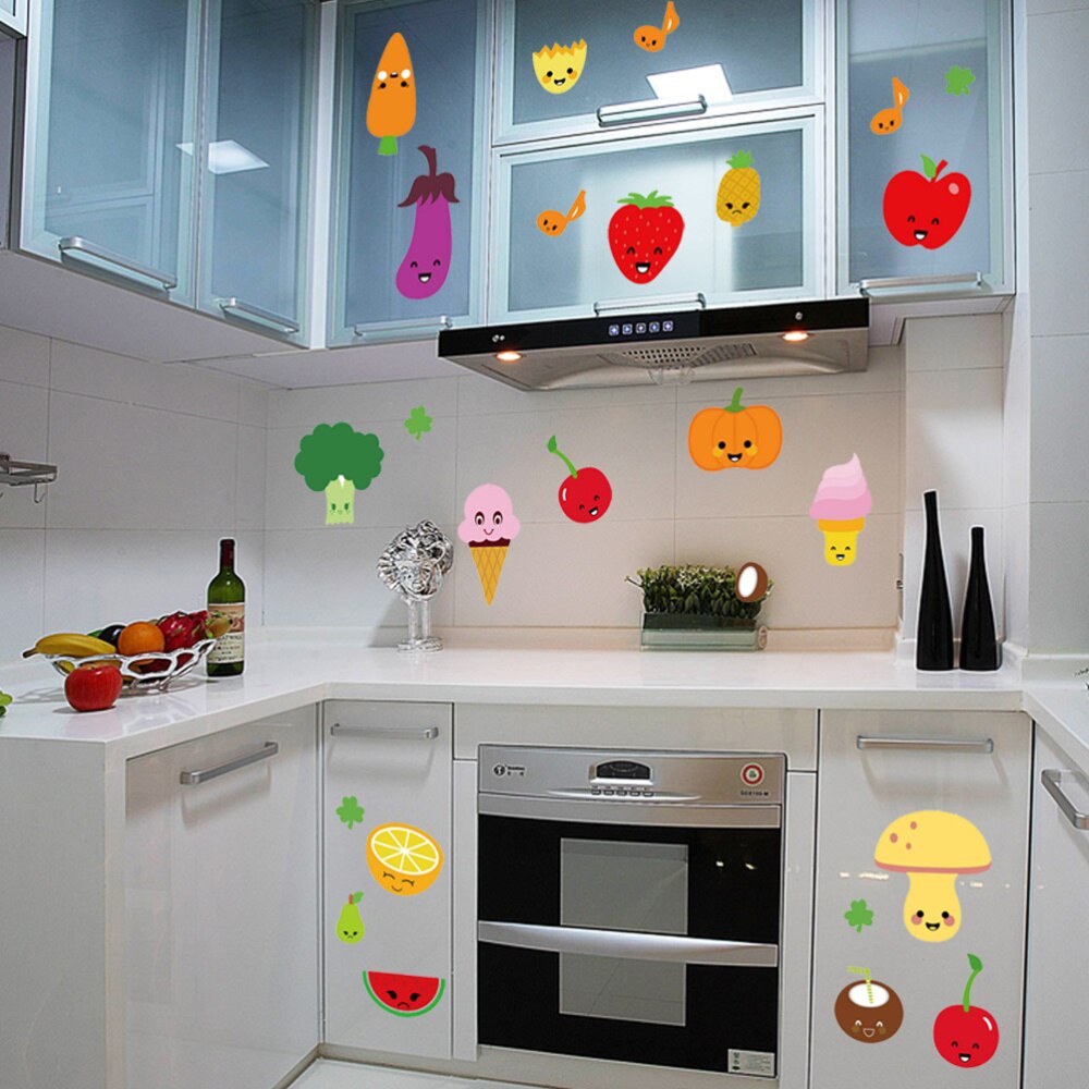 Removable Wall Stickers Cartoon Fruit and Vegetable Wall Stickers Vinyl Wallpapers DIY Decor Decals for Refrigerator Kitchen 45