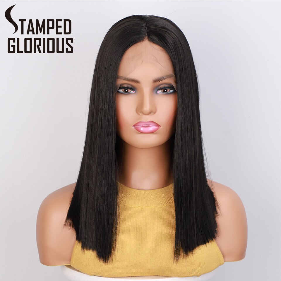 Stamped Glorious Korte Bob Lace Front Pruik Zwarte Rechte Synthetische Pruiken Voor Vrouwen Midden Divisie Gemiddelde Grootte Cap