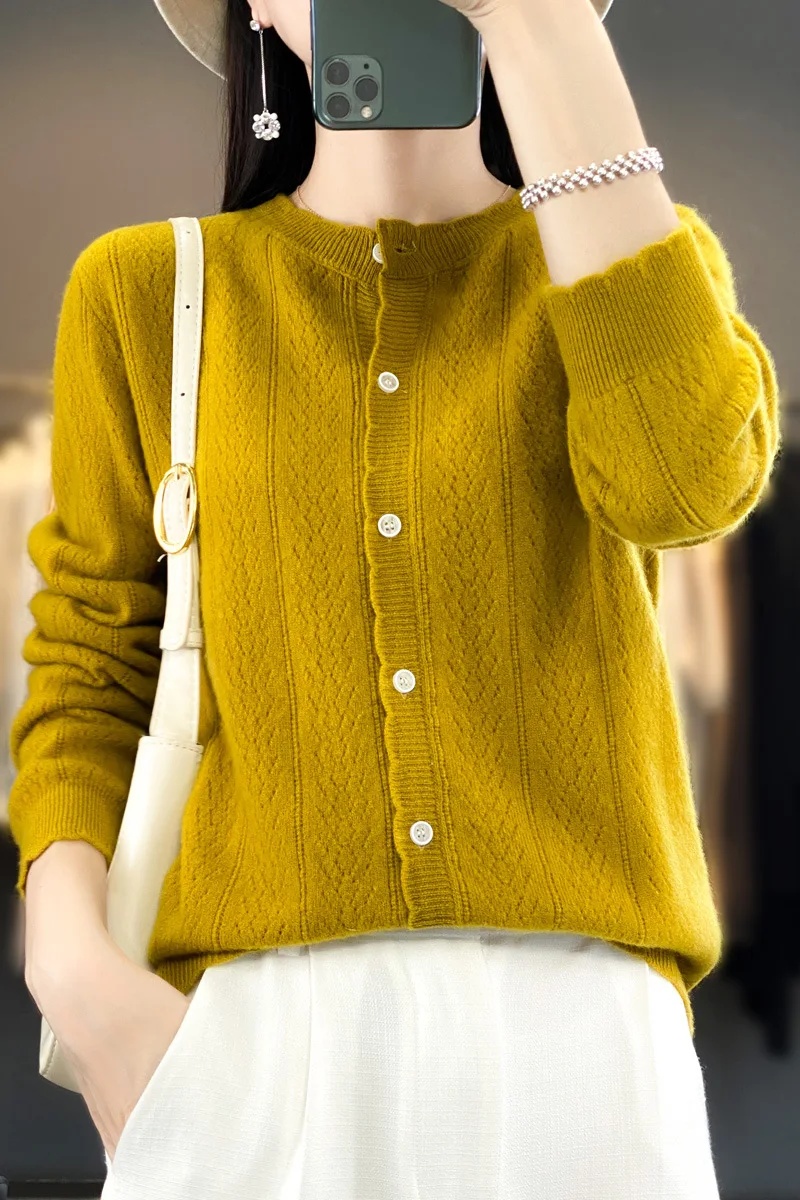 100% cárdigan abierto suelto de lana pura para mujer Otoño Invierno estilo ropa externa Top perezoso cuello redondo suéter de punto de manga larga