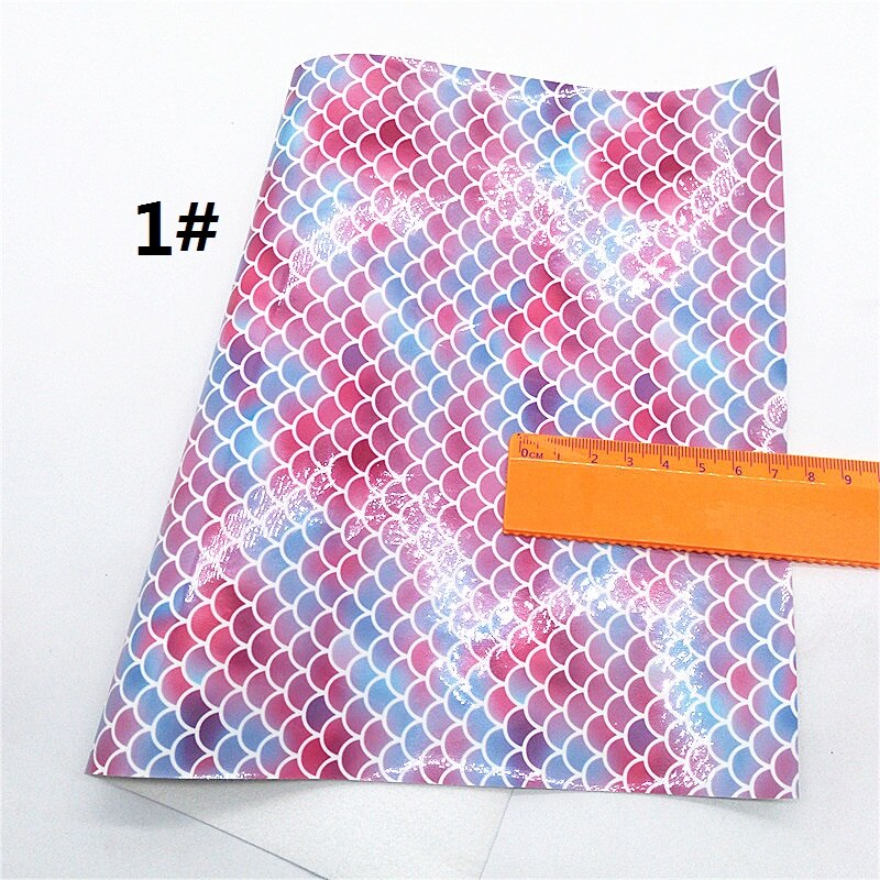 Fish Scales Printed Faux Leather Fabric Sheet Mermaid Smooth Synthetic Leather Faux Vinil For Bows Earrings DIY A4 SIZE R536B: 1