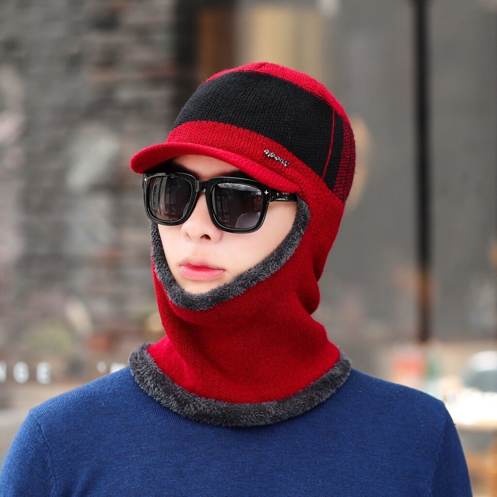 Wintermutsen voor mannen skullies muts wintermuts heren dames wollen sjaal mutsen set bivakmuts masker gorras muts gebreide muts: Bordeauxrood