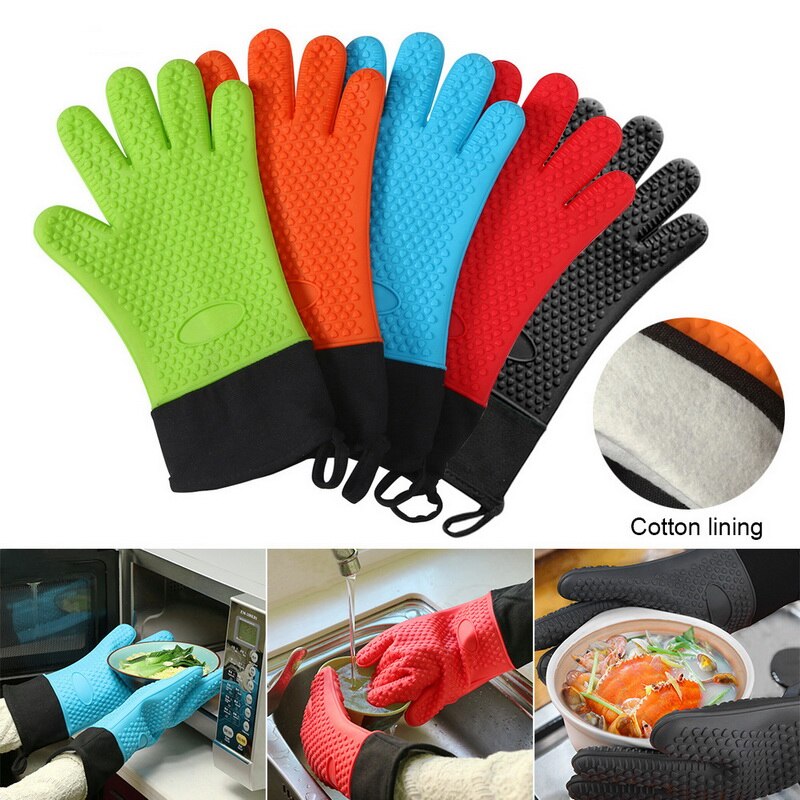 Guantes de cocina de alimentaria, guantes de silicona resistentes al calor, guantes de barbacoa gruesos, herramientas de cocina resistentes al calor para barbacoa