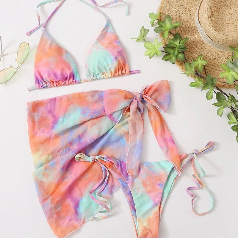 Sexy mujer 3 piezas de estampado de arco iris Bikini conjunto de cuerda brasileño traje de baño con pareo cubierta falda para la playa lazo lateral