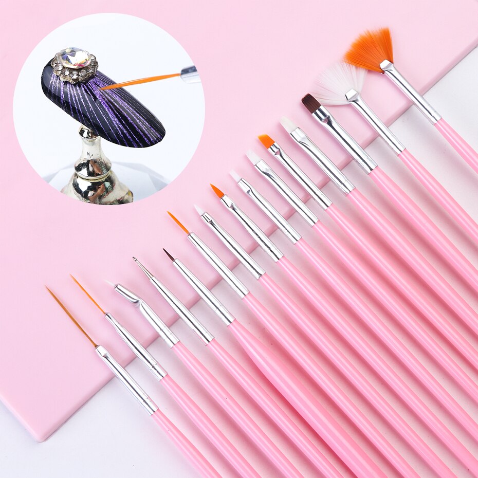 15 Stuks Acryl Uv Gel Borstels Voor Manicure Roze Wit Nail Art Brush Set Liner Tekenen Schilderen Pen Borstel Voor gradiënt LA1050