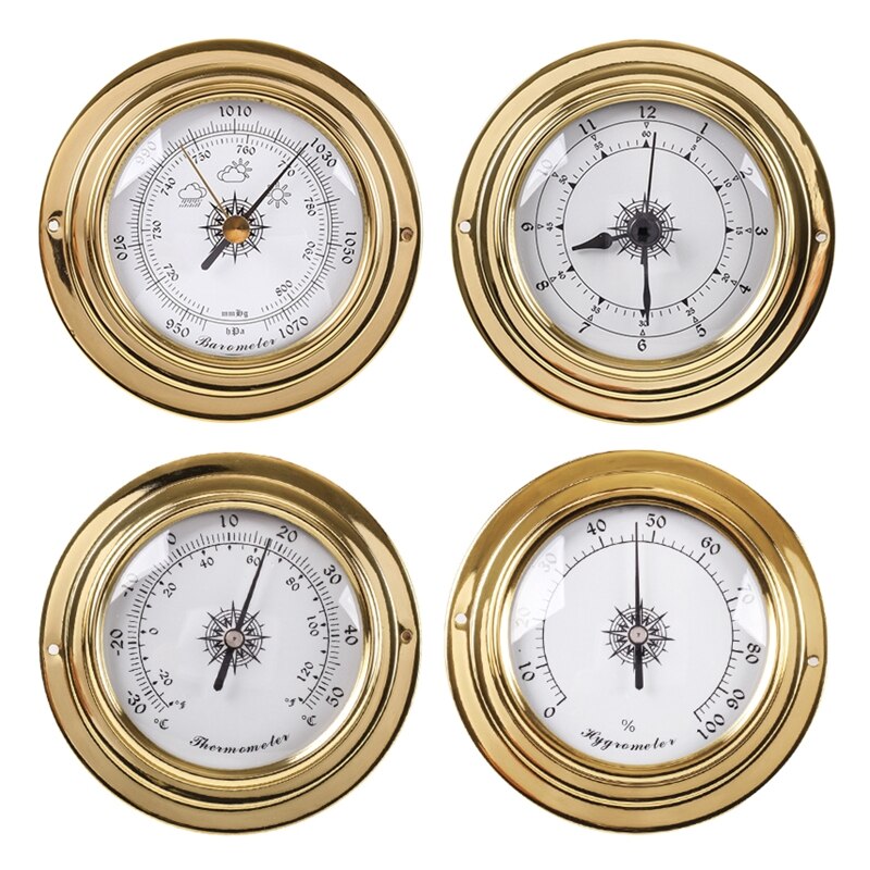 4Pcs Thermometer Hygrometer Barometer Horloge Klok Koper Shell