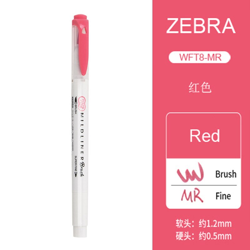 1 szt. Zebra WFT8 series dwugłowicowy fluorescencyjny marker (szczotka miękka końcówka + cienka końcówka końcówki) WKT7 ten sam kolor akwarela długopis do malowania: Czerwony