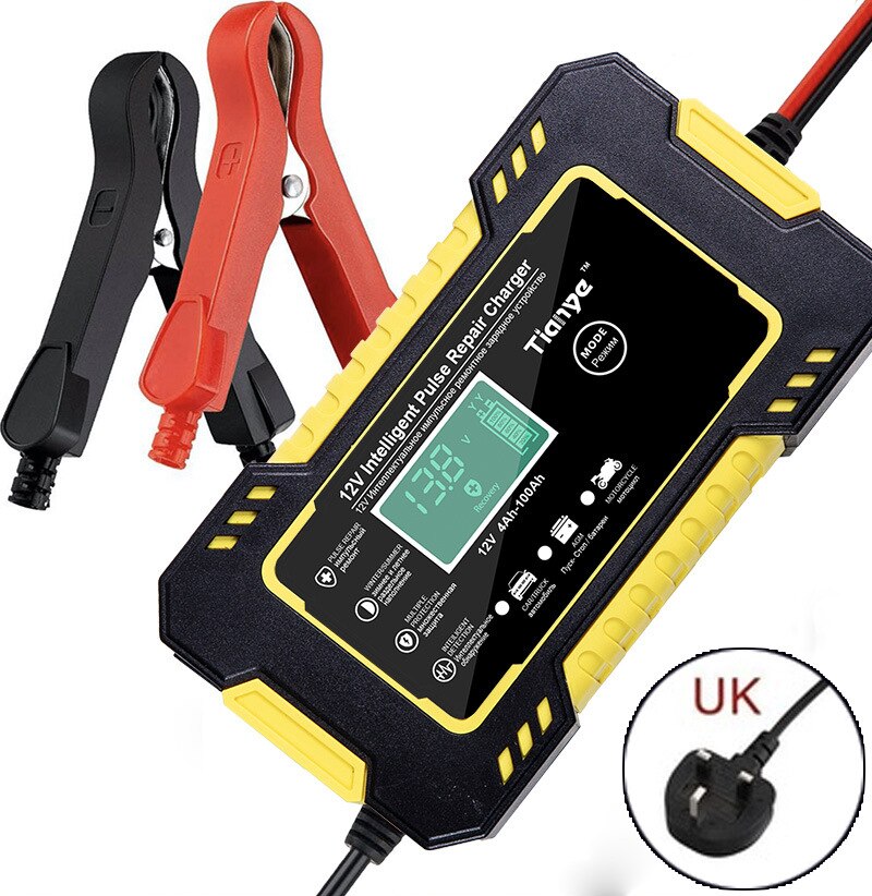 Auto Acculader 12V 6A Intelligent Snel Opladen Puls Reparatie Type Full Auto-Stop Dual-Mode Loodzuur voor Motorfiets: Yellow UK Plug