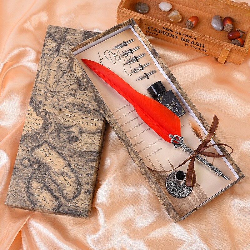 1Set Vintage Kalligrafie Veer Dip Schrijven Pen Inkt Set Briefpapier Box Met 5 Nib Festival Quill Fontein pen