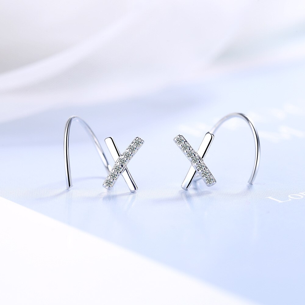 Eenvoudige Cross X Zirconia 925 Sterling Zilveren Clip Op Oorbellen Voor Vrouwen Wave Oor Mode Geen Piercing Sieraden