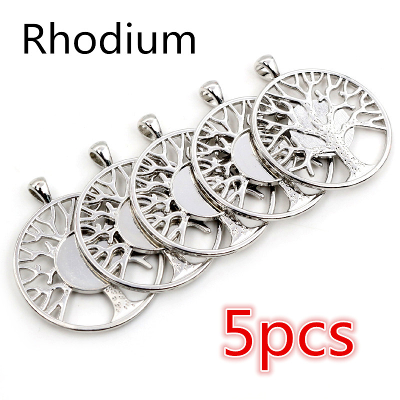 Nueva 14mm tamaño interior rodio oro negro colores plateados estilo árbol cabujón Base camafeo ajuste colgante encantos: Rhodium 5pcs
