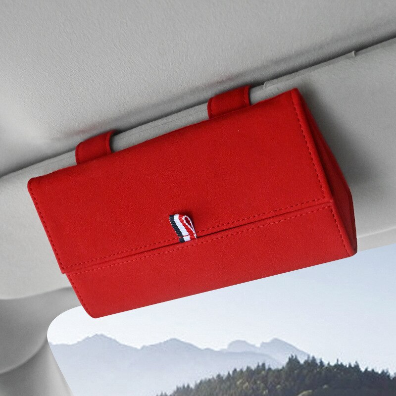 ZK30 Auto Zonnebril Houder Zonneklep Auto Zonnebril Case Organizer Glazen Opbergdoos Turn Bont Lederen Auto Accessoires 4 Kleuren: A Red