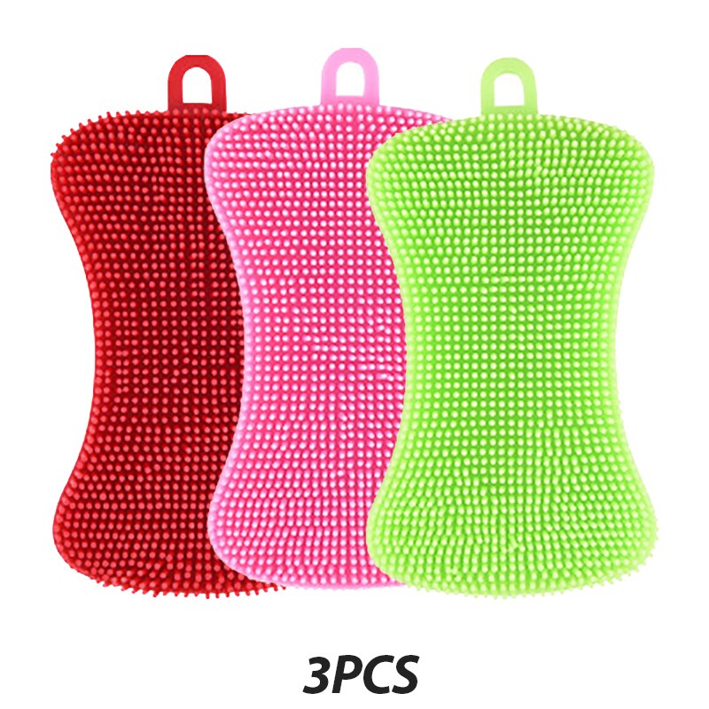 3PCS Silicone Dish Washing Brush Pot Pan Sponge Scrubber Silicone Scouring Pad Fruit Pot Pan Wash Brushes Kitchen Cleaning Tool: 3pcs-F