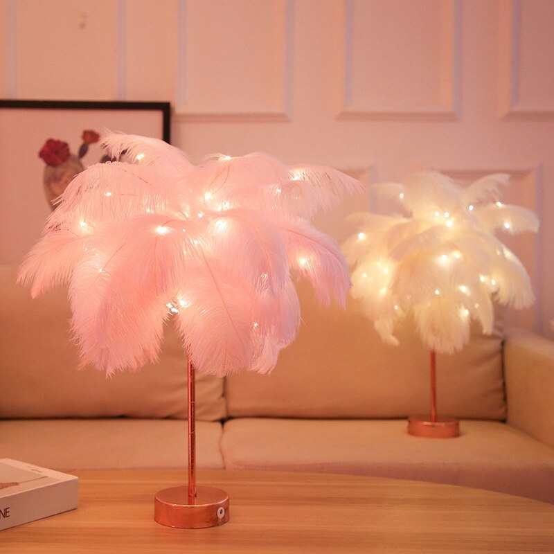 Bricolage plume lampe de Table blanc lumière arbre plume abat-jour fille LED mariage lumières décoratives rose