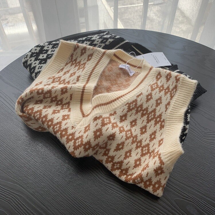 Lente en herfst college fengling geruite trui vest dames koreaanse stijl losse v-hals korte wollen gebreide mouwloze vest