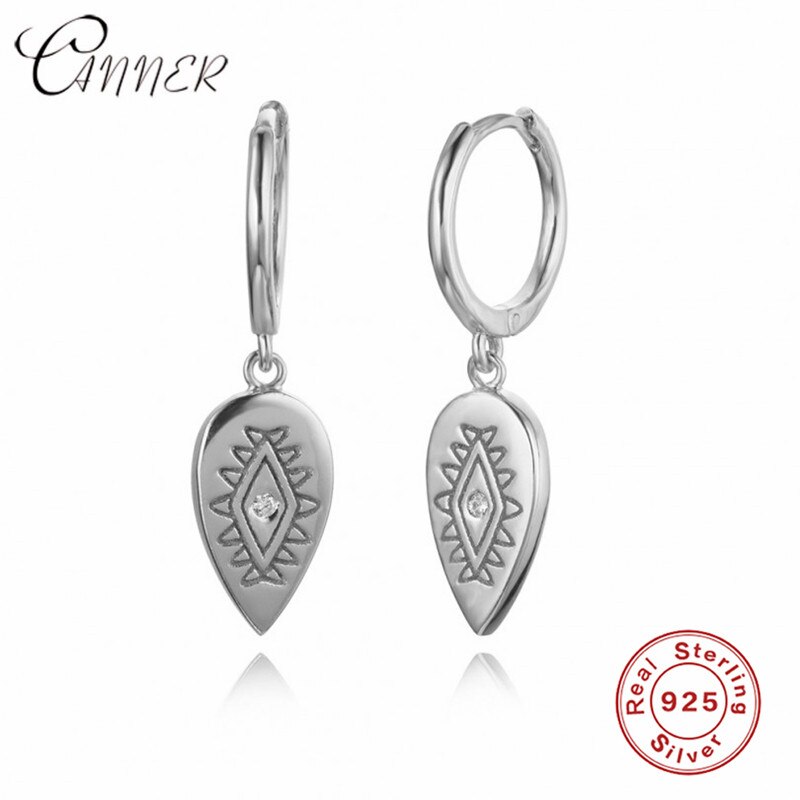 Canner 2019 novo 925 brincos de prata esterlina ouro pequeno pendurado hoop brincos para feminino boho folha brincos moda jóias: Silver