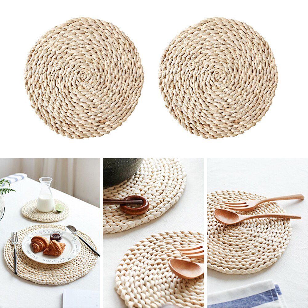 Mantel Individual redondo ovalado de tejido de mimbre para mesa de comedor, alfombrilla aislante del calor para tazas, té, café, Decoración de cocina