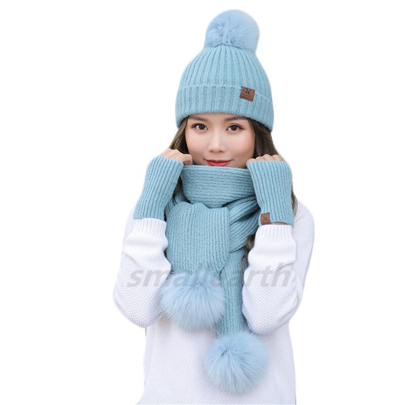 Meisjes warme 3- delige sets wintermutsen sjaal handschoenen voor dames dikke katoenen winteraccessoires set dames muts sjaal handschoenen: Blauw