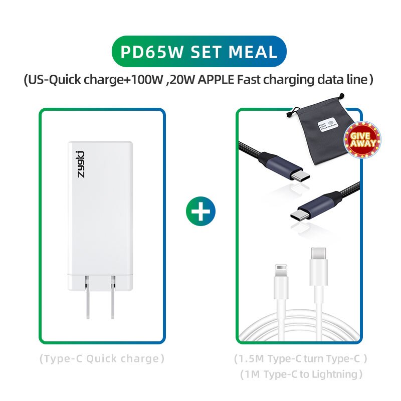 ZYG Xiaomi 65W Fast Charger Type-C Interface PD3.0 QC4.0 Portable Mobile Phone Quick Charger, iPhone 12 Por Laptop Fast Charging: US 100WAnd20W cable